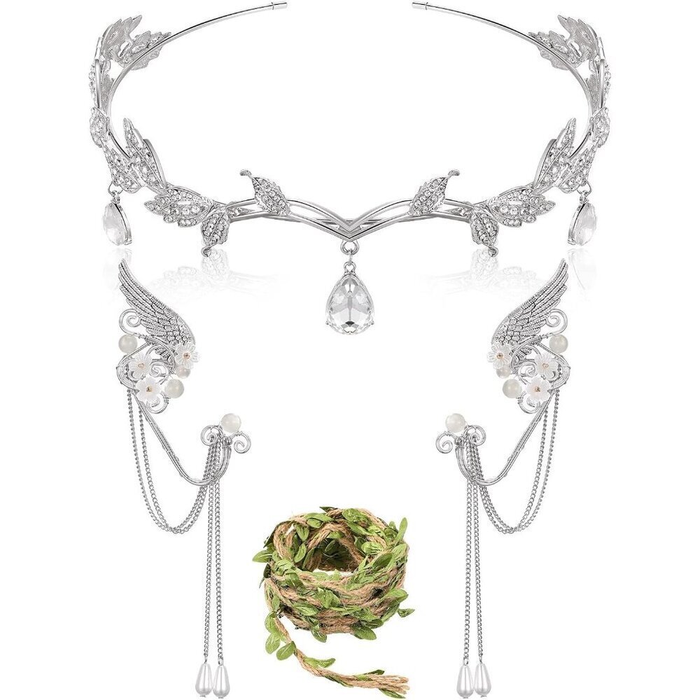 Halloween Fairy Cosplay Set Rhinestone Leaf Crown Elf Earring Headband